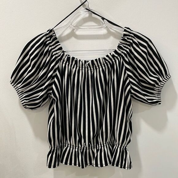 H&M black white stripe off-shoulder crop top small - Picture 1 of 4